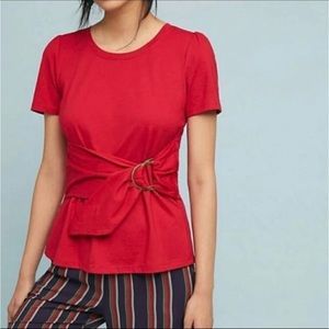 Anthropologie Maeve red front belted shirt